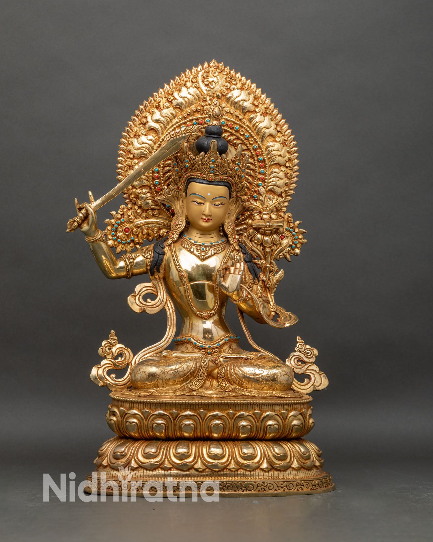 Manjushri statue front view, 24K gold gilded copper Buddhist wisdom deity Nepal