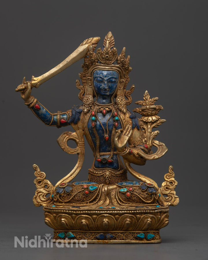 Handcrafted Lapis Lazuli Manjushri Statue: Himalayan Sacred Art