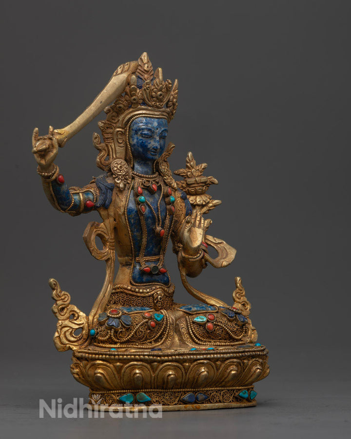 Handcrafted Lapis Lazuli Manjushri Statue: Himalayan Sacred Art