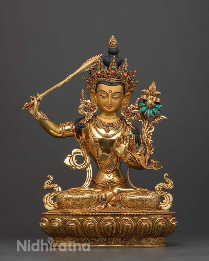 Hand-Carved Manjushri Statue | 24K Gold Gilded Buddhist Artwork