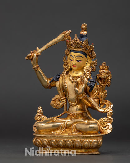 Manjushri Bodhisattva figure, Nepalese handmade copper and gilded sacred art