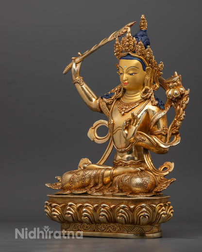 Manjushri Buddha Statue on Lotus Throne - 24k Gold Gilded Copper - Perfect for Meditation and Spiritual Practices