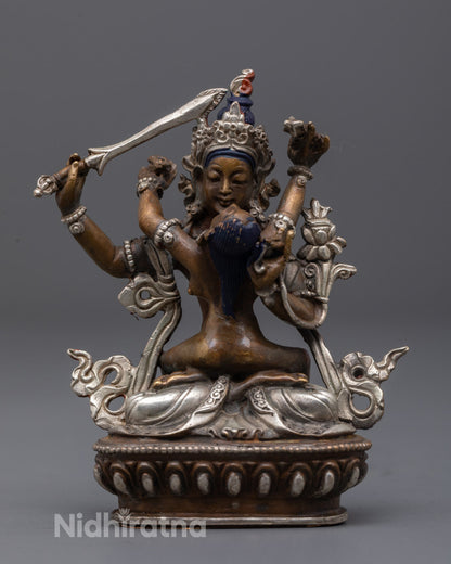 Manjushri Consort Statue with oxidized copper finish and double-edged sword of wisdom