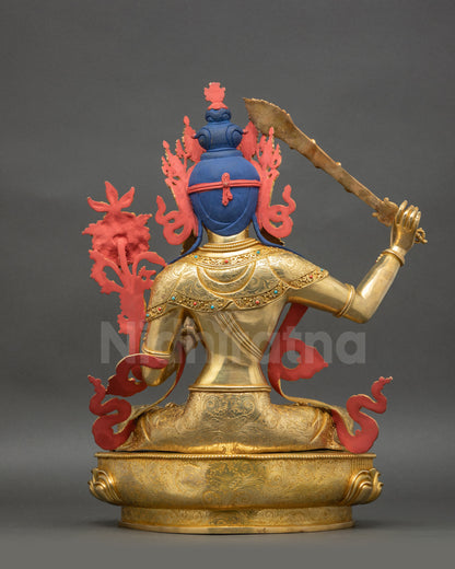 Manjushri Figurine back view intricate copper Buddhist deity sculpture