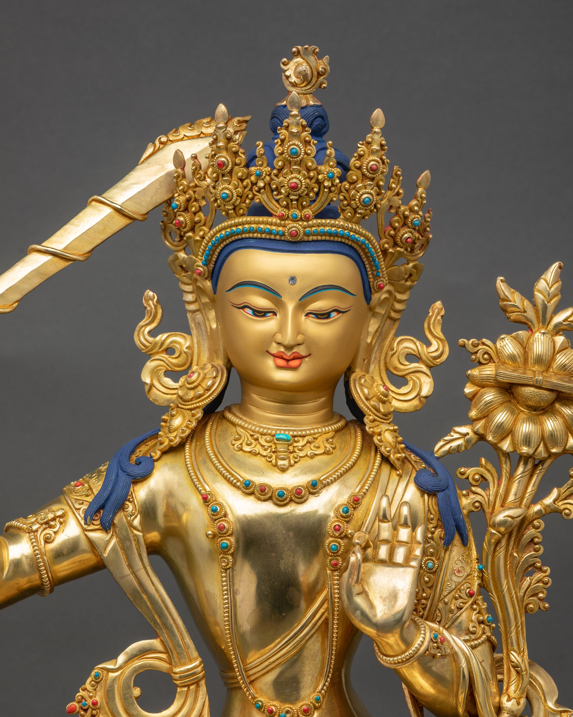 Manjushri Figurine regular close up handcrafted Nepalese fire-gilded sculpture