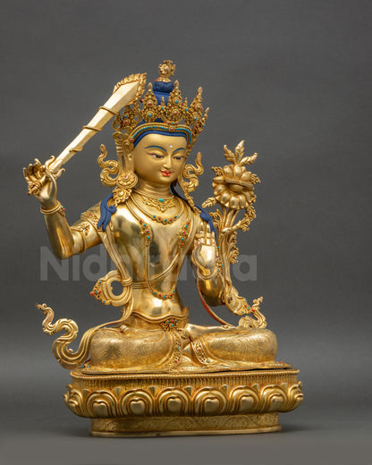 Manjushri Figurine right view side hand-gilded Nepalese Buddhist art