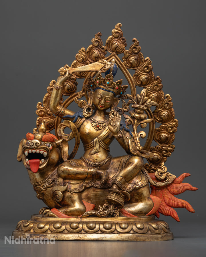 Nepalese Manjushri Statue | 24K Gold-Gilded Buddhist Deity Sculpture