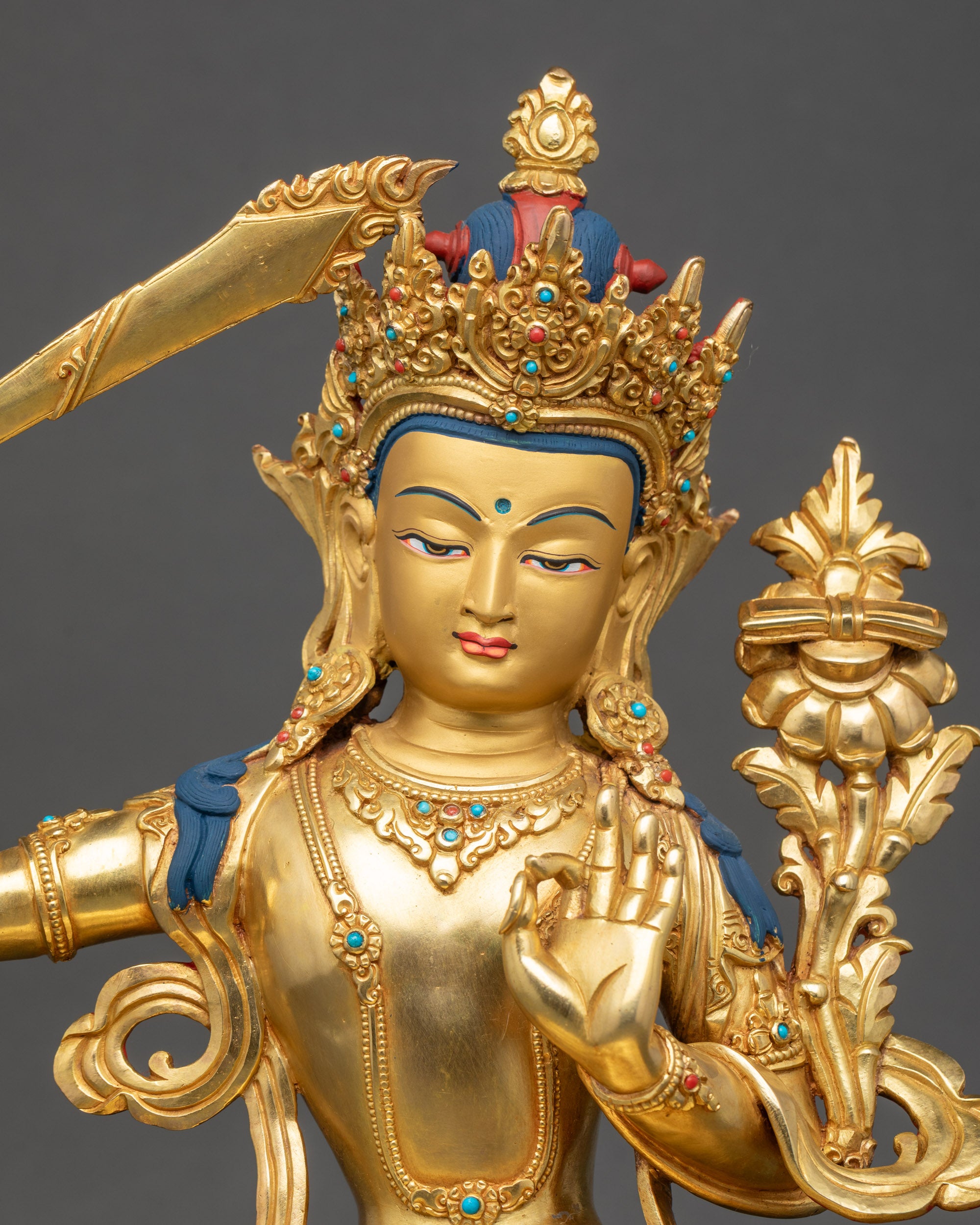 Manjushri Statue Close Up Copper Sculpture with Gold Gilding and Lotus Base