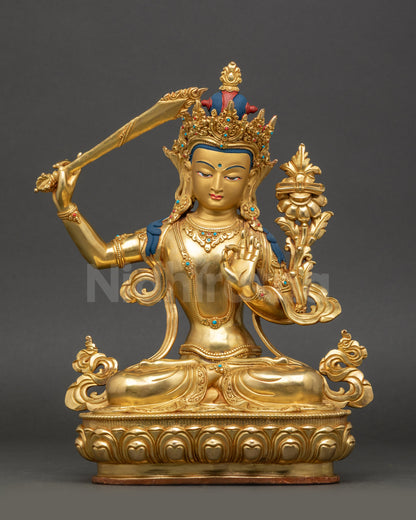 Manjushri Statue Front View Handcrafted Copper Bodhisattva with Gold-Gilded Face