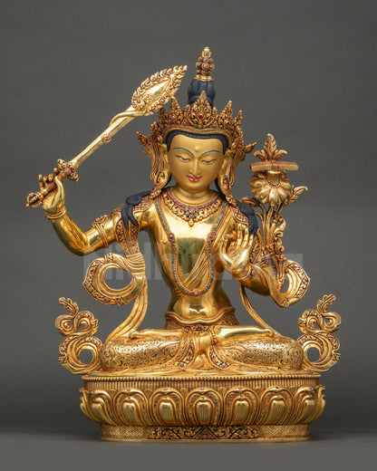 Manjushri Statue Nepal gold-gilded face seated on lotus meditation pose