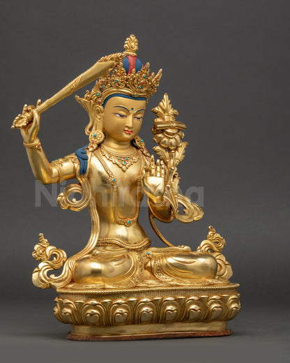 Manjushri Statue Right Side View Copper Bodhisattva on Lotus Seat