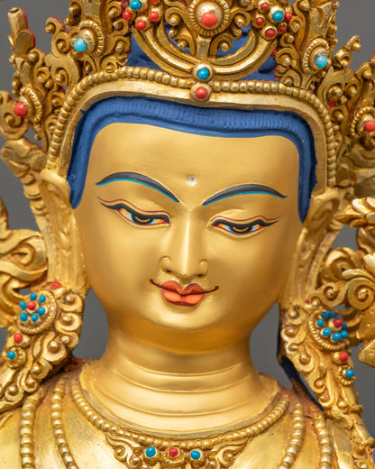 Manjushri Statue face close up gold-gilded serene expression meditation posture