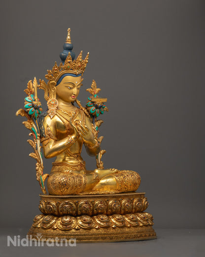 Manjushri Statue featuring flaming sword and Prajnaparamita book resting on an utpala flower symbolizing wisdom