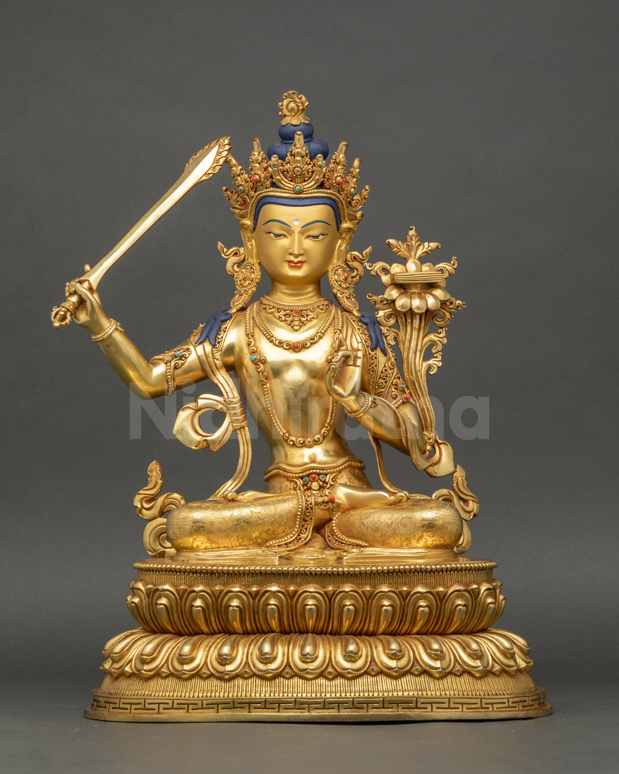 Manjushri Statue front view handcrafted Nepalese Bodhisattva Buddha sculpture