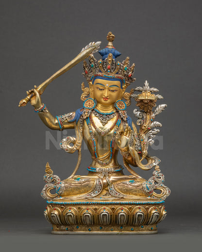 Manjushri Statue gold-gilded copper Buddha on lotus pedestal front view