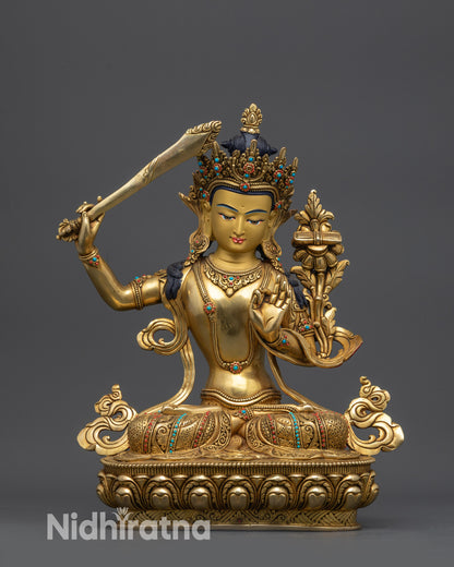 Manjushri Statue gold-gilded face handcrafted by Newari artisans of Nepal