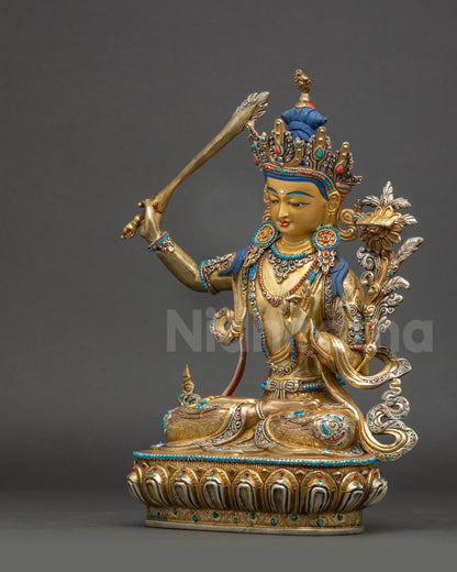 Manjushri Statue left side view gold fire-gilded copper artwork
