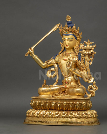 Manjushri Statue left side view with intricate details and Nepalese design