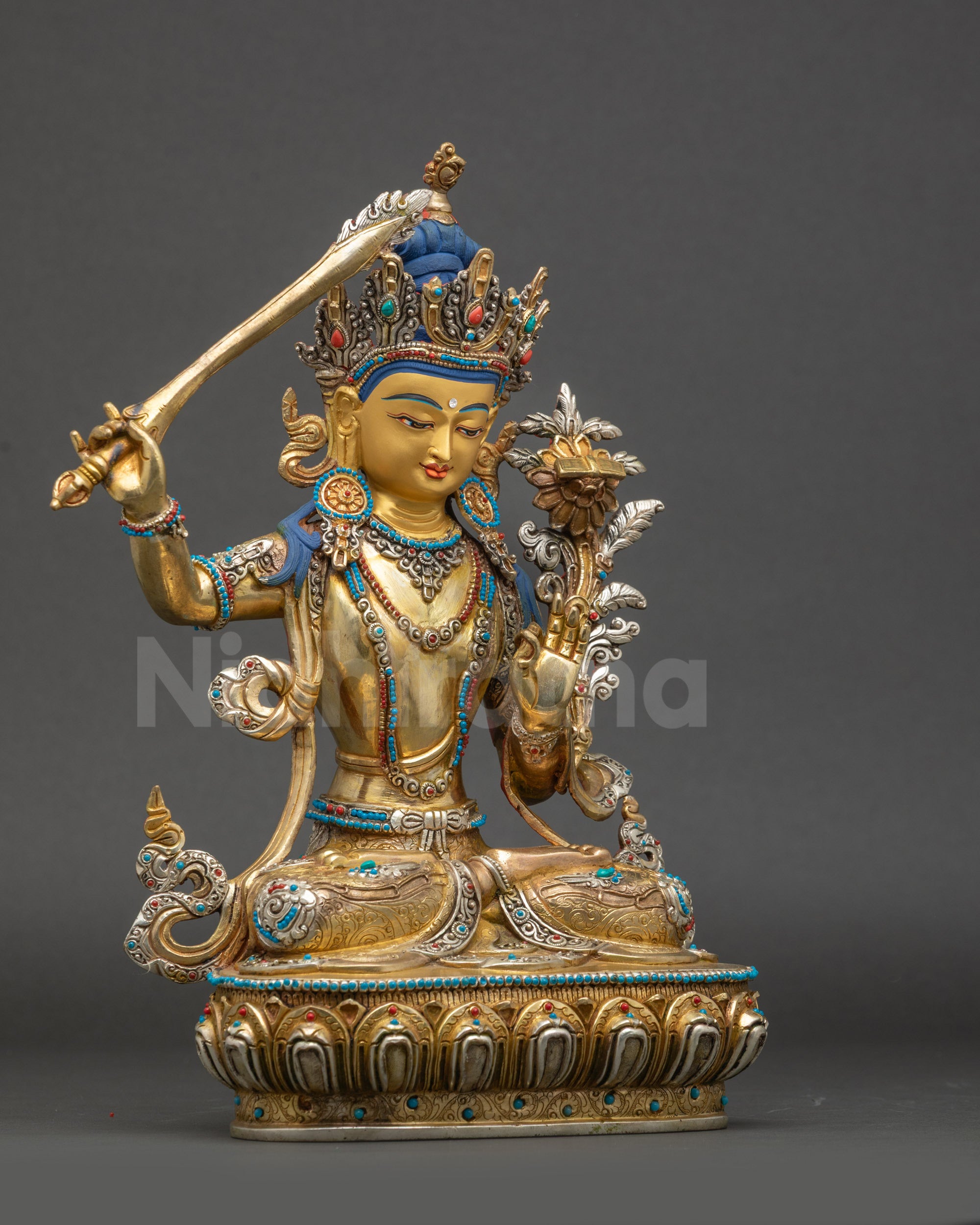 Manjushri Statue right side view with lotus pedestal and intricate robes
