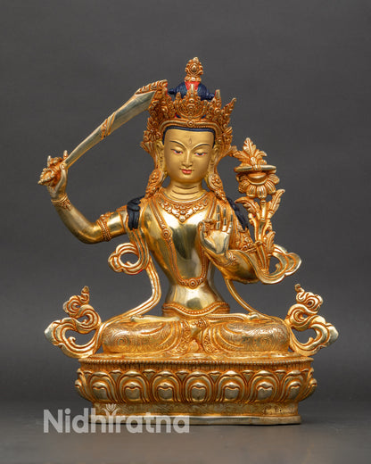 Manjushri Wisdom Statue, handcrafted copper with gold-gilding, from Kathmandu, Nepal