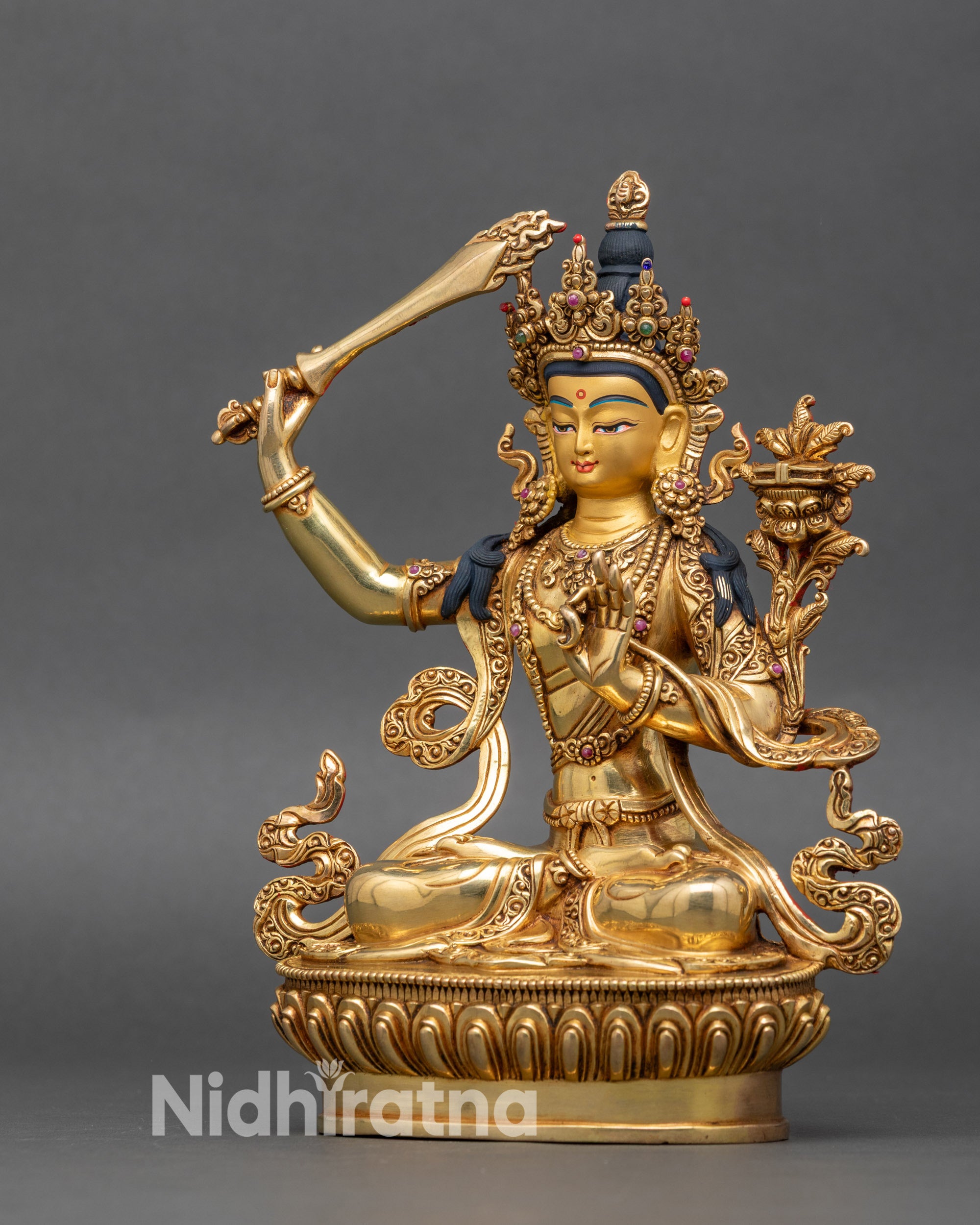  Manjushri left side, sacred robes detail, floral motifs, Tibetan Buddhist sculpture