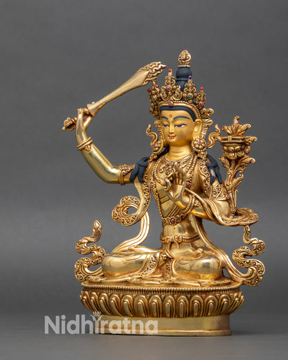  Manjushri left side, sacred robes detail, floral motifs, Tibetan Buddhist sculpture