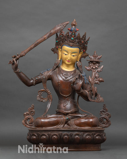 Manjushri meditation statue, handcrafted copper with 24K gold-painted face, Nepal