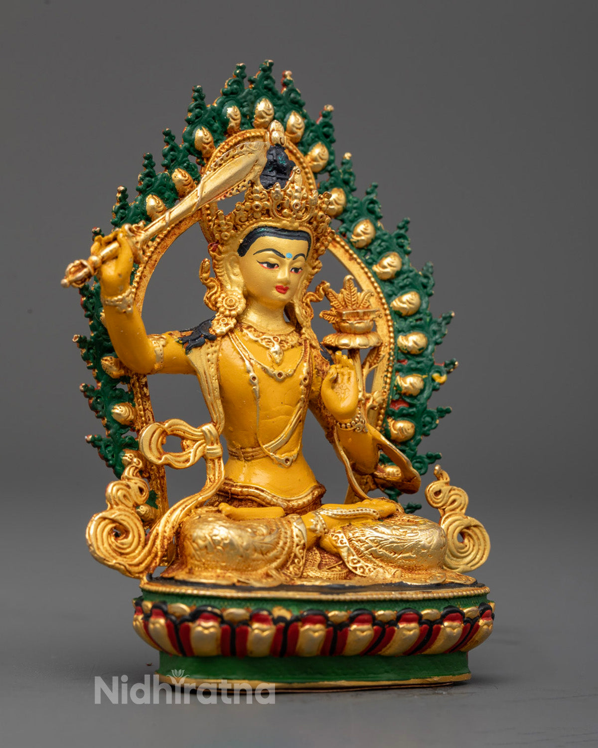 Manjushri statue for home altar meditation room or spiritual study space representing intellectual clarity and insight