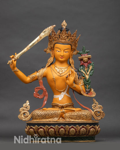 Manjushri statue full view, life-size Nepalese copper Buddhist sculpture