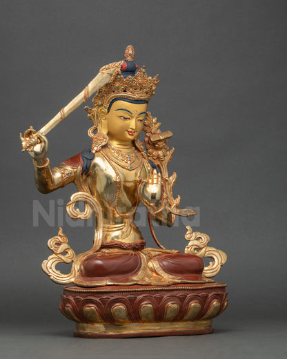 Manjushri statue holding wisdom sword and utpala flower, meditation Buddha artwork