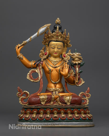 Manjushri statue standing gracefully on a lotus, with a serene golden face and vibrant acrylic colors symbolizing purity, wisdom, and spiritual awakening.
