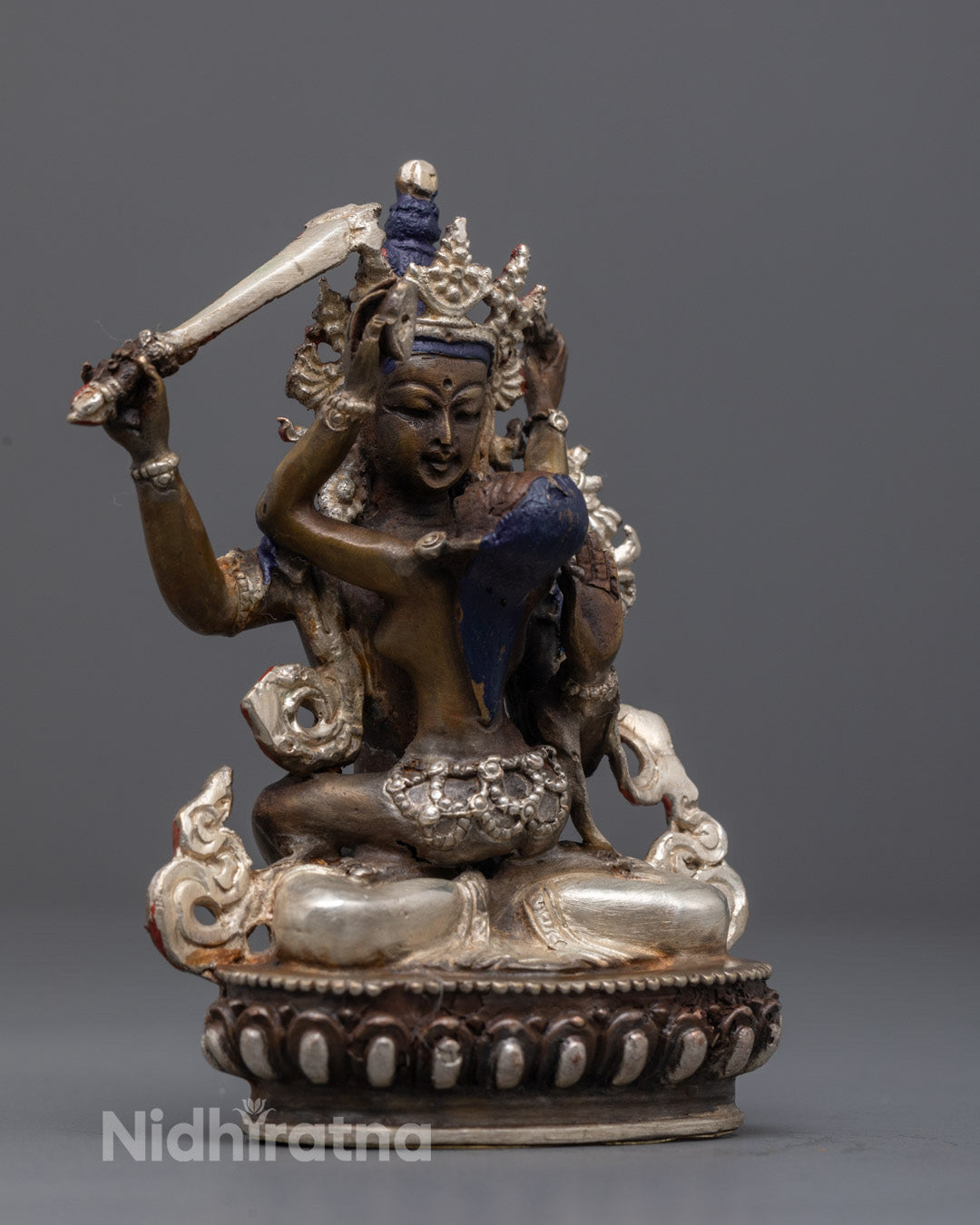 Manjushri with Consort Statue placed on meditation altar, symbolizing wisdom, compassion, and spiritual transformation in Tibetan Buddhism