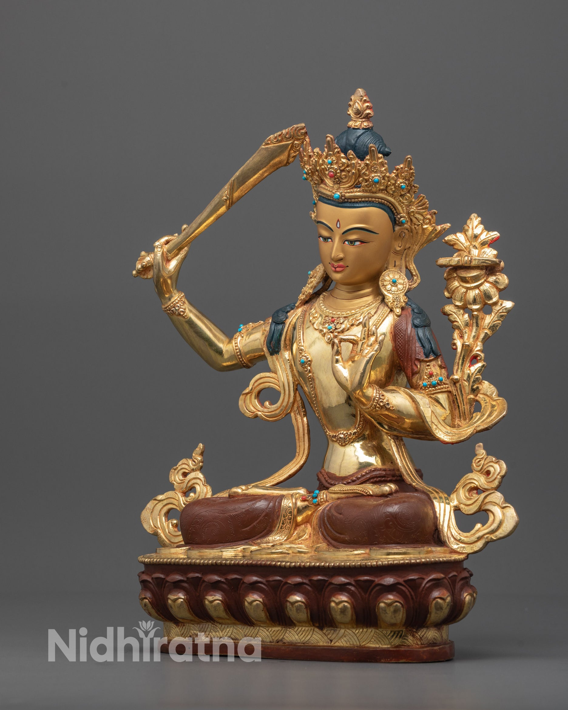Handmade Manjushri Statue | Half Fire-Gilded Copper Idol