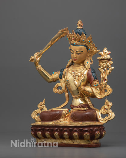 Handmade Manjushri Statue | Half Fire-Gilded Copper Idol