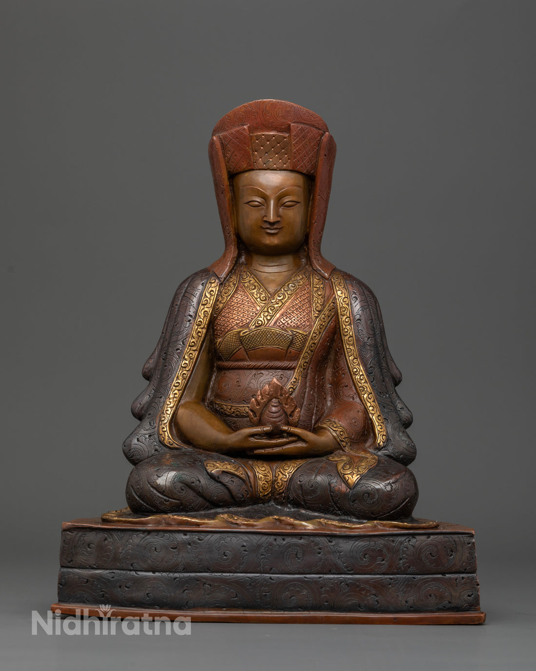 Unique Oxidized Gampopa Statue: Guardian of the Kagyu Tradition