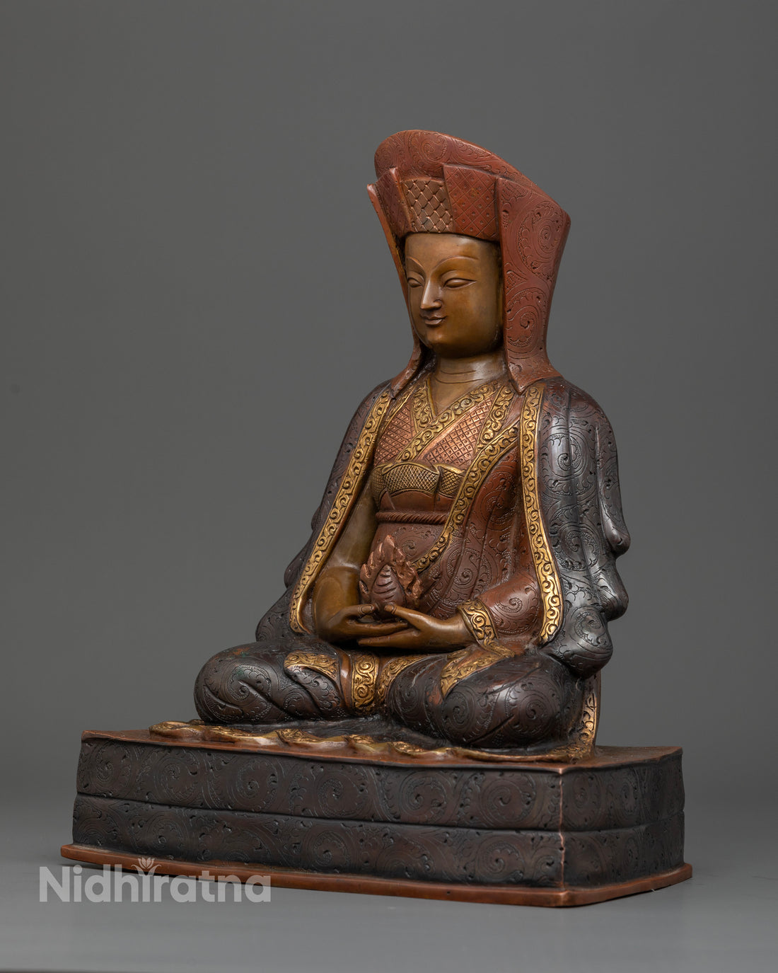 Unique Oxidized Gampopa Statue: Guardian of the Kagyu Tradition