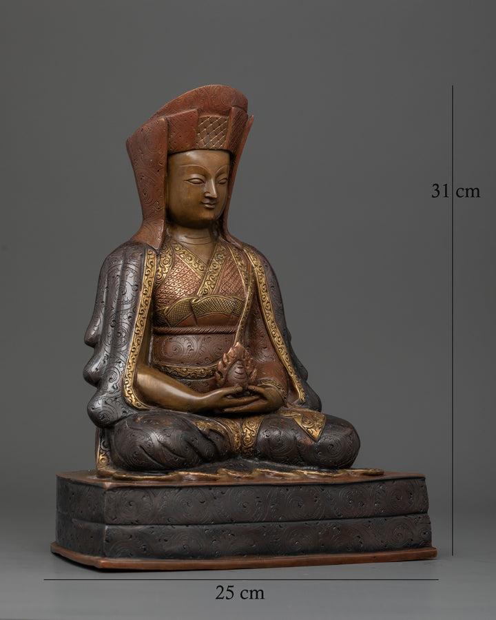 Unique Oxidized Gampopa Statue: Guardian of the Kagyu Tradition