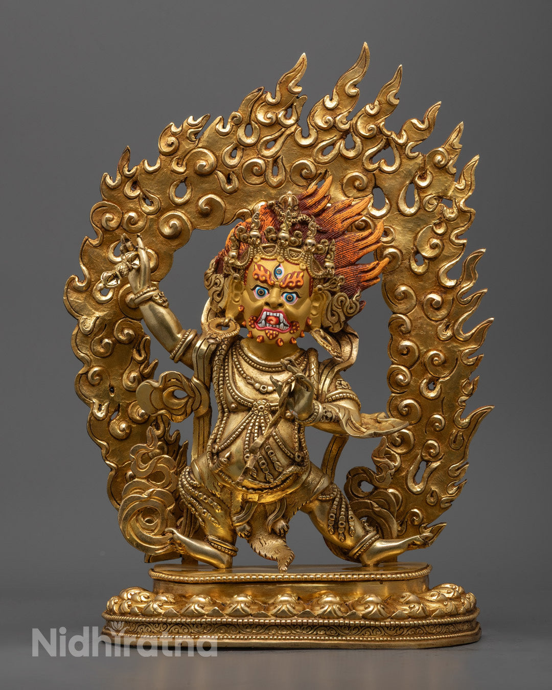 Masterfully crafted Vajrapani Bodhisattva sculpture from Nepal showing intricate details and traditional lost wax method craftsmanship.