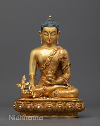 Front-Image of Medicine Buddha statue front view with 24k gold fire gilding