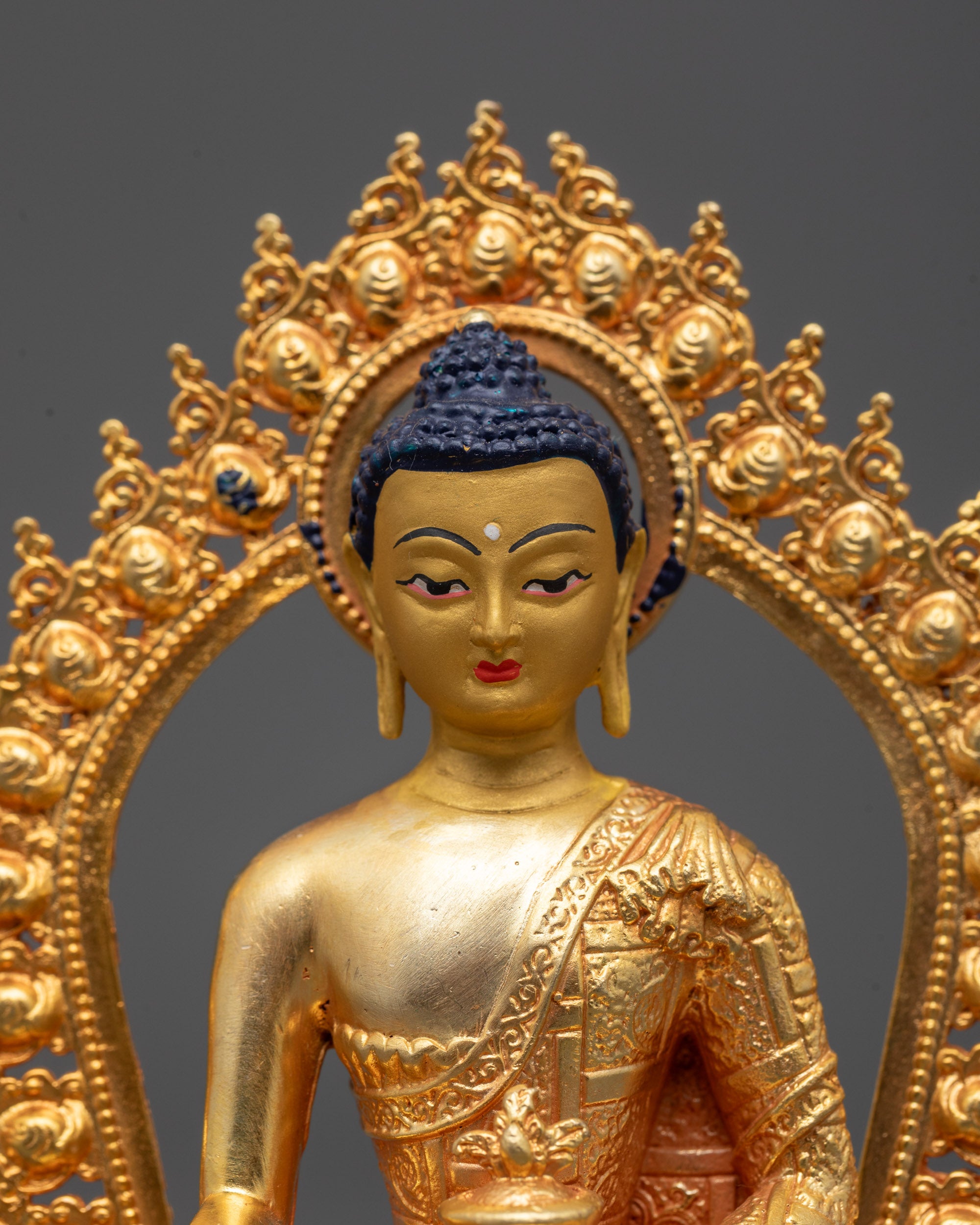 Close up Machine-Made Bhaisajyaguru Statue | Buddhist Healing Deity in 24k Gold