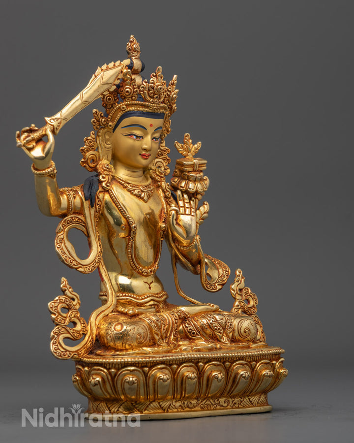 Traditional Manjushri Statue | 24K Gold Gilded Copper Art