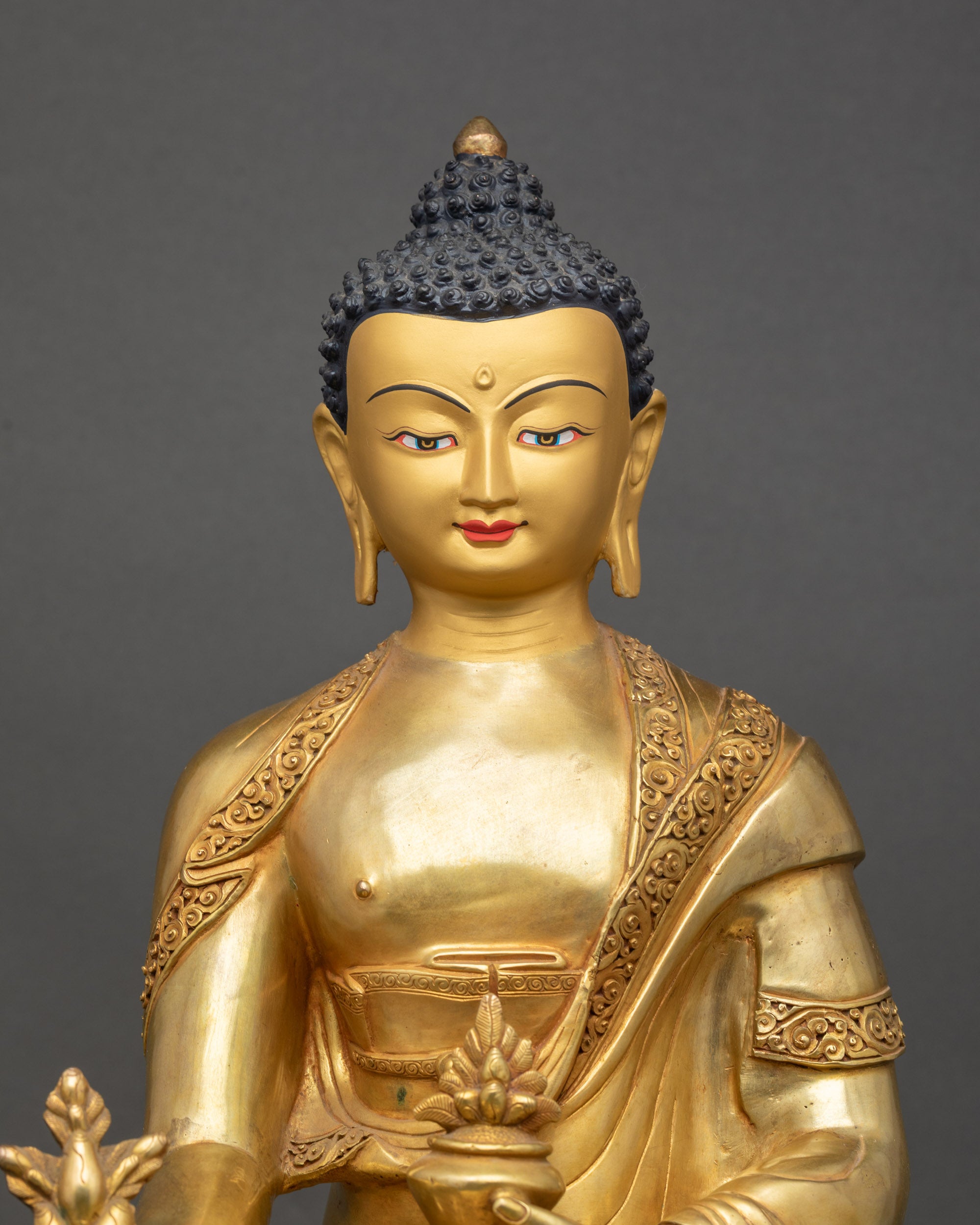 Medicine Buddha Figurine Close Up Detail Handcrafted Nepalese Sculpture