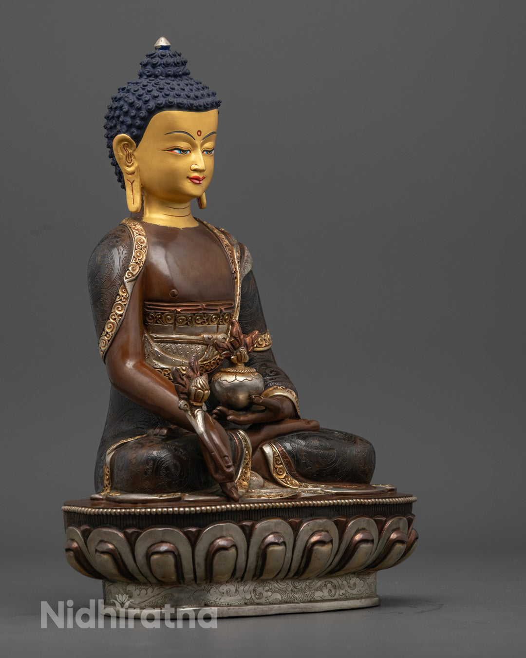 Medicine Buddha Statue – Hand-Carved Oxidized Copper Tibetan Healing Deity with 24K Gold-Plated Face
