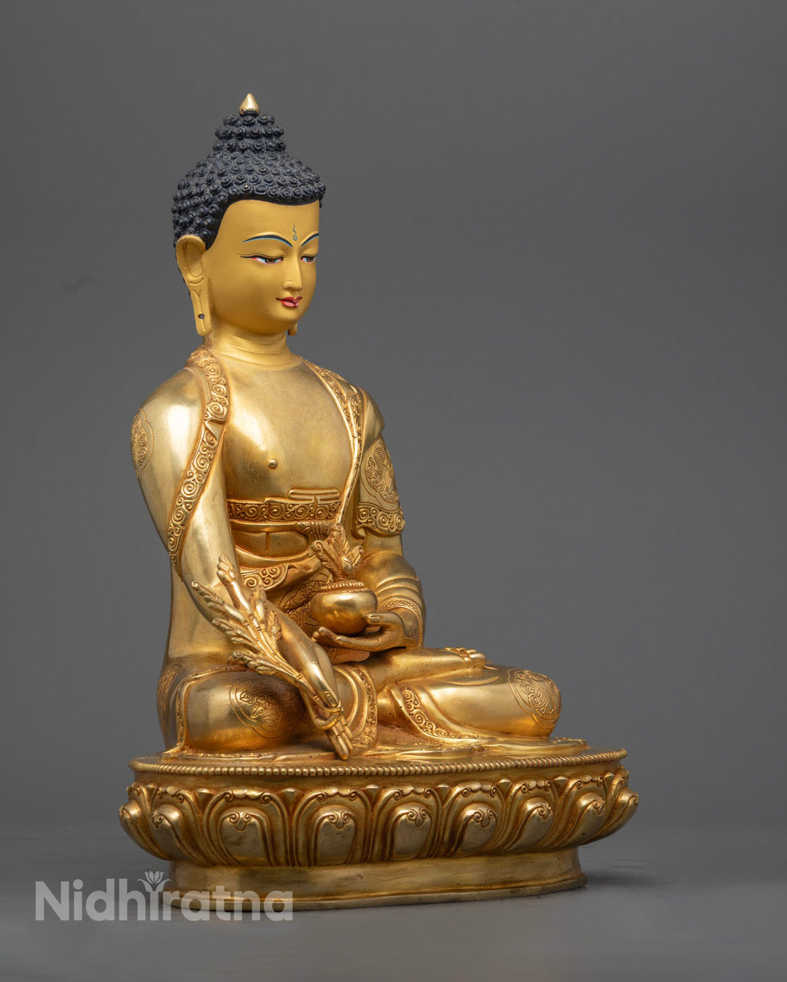 Medicine Buddha Statue Showing Intricate Robes – Crafted Using Ancient Lost Wax Method in Nepal