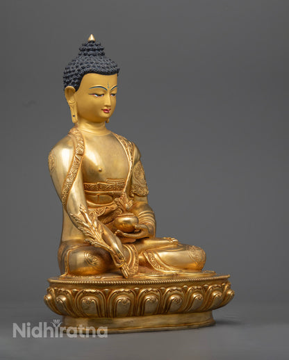 Medicine Buddha Statue Showing Intricate Robes – Crafted Using Ancient Lost Wax Method in Nepal