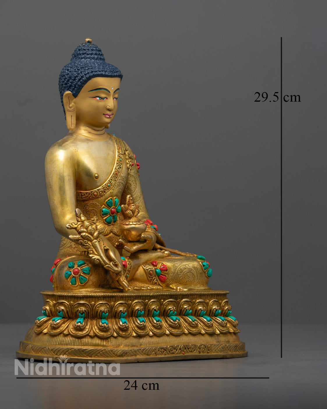 Medicine Buddha Statue, depicting Bhaisajyaguru holding a healing bowl, seated on a lotus throne, crafted with Nepalese craftsmanship.