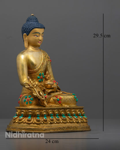 Medicine Buddha Statue, depicting Bhaisajyaguru holding a healing bowl, seated on a lotus throne, crafted with Nepalese craftsmanship.
