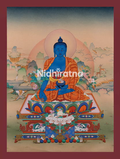 Medicine Buddha Thangka Print with Bhumisparsha Mudra | High-quality giclee canvas