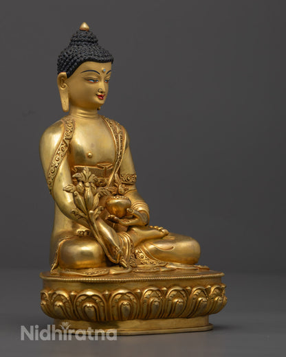 Medicine Buddha's serene expression, featuring fine 24K gold gilding and traditional Tibetan craftsmanship, symbolizing peace and enlightenment.