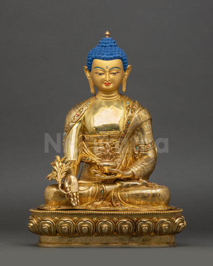 Medicine Buddha statue front view gold-gilded copper Nepalese craftsmanship